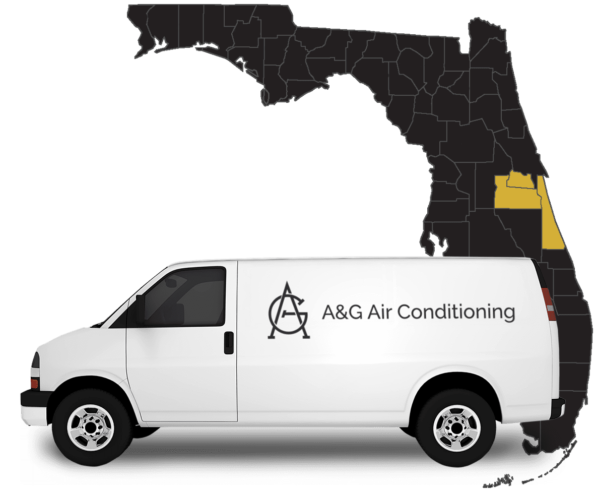 Florida map with higlighted service area and van with A&G Air Conditioning logo
